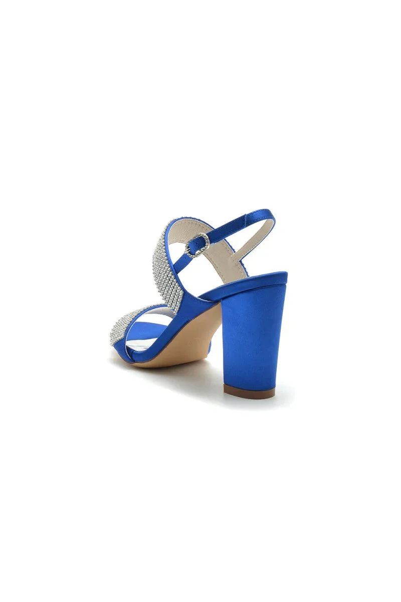 Open Toe Beaded Buckle Satin Chunky Heels