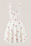 White Warm Rose Print Cotton Mini Dress
