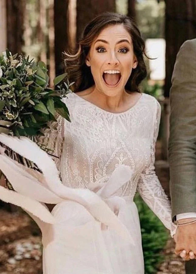 Beach Gorgeous Lace A Line Appliqued Open Back Wedding Dress With Long Sleeves