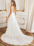 A Line V Neck Sweep Train Wedding Dress With Lace Split Front