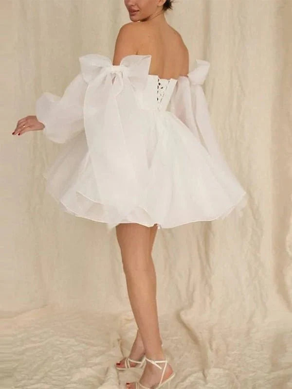 A Line Puff Long Sleeves Short Wedding Dresses With Bows
