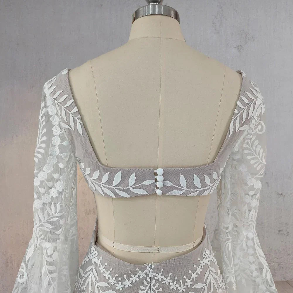 White Mermaid Enchantment Flower Prints Wedding Dress