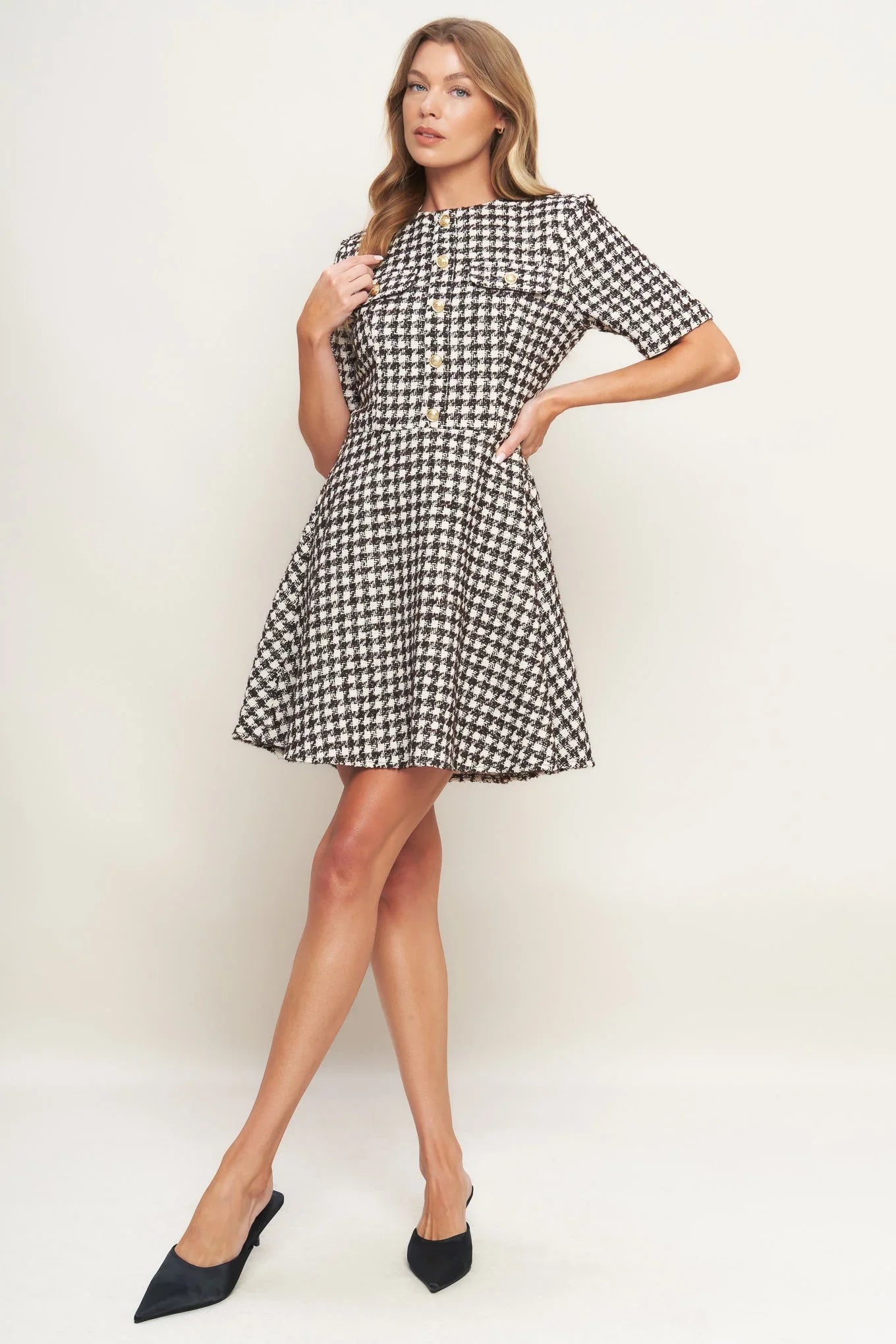 ELEGANT CHECK BROWN TWEED MINI DRESS FINAL SALE