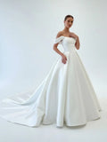 Elegant A Line Off the Shoulder White Satin Wedding Dresses