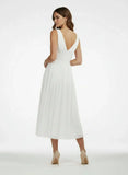V Neck Sleeveless Tea Length Chiffon Wedding Dress With Ruching And Low V Back
