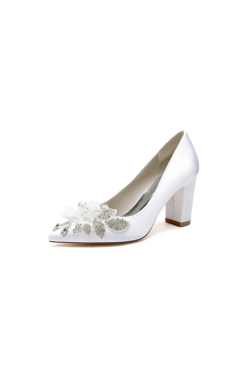 Floral Beaded Pointed Toe Chunky Heel