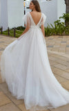 Casual Beach A Line Tulle Wedding Dress With V neck And Low V Back