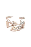 White Open Toe Ankle Strap Chunky Heels with Rhinestone Flower