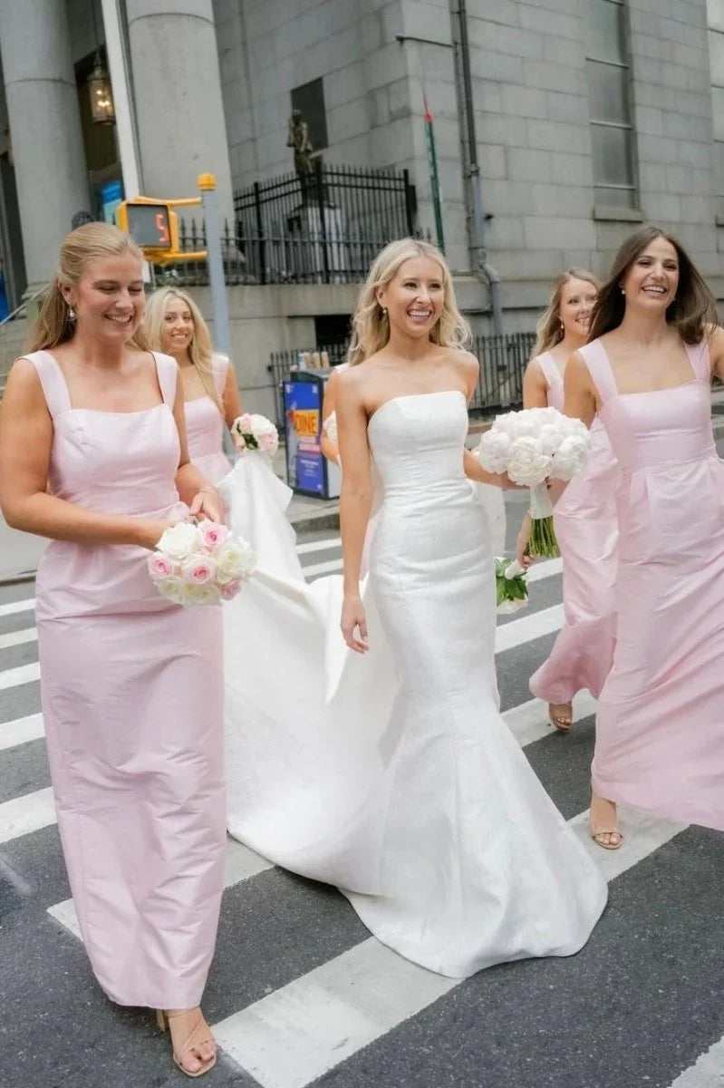 Pink Straps Sheath Square Neck Satin Sleeveless Long Bridesmaid Dress