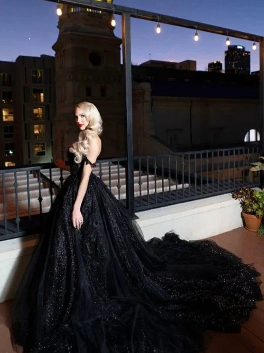 A Line Black Gothic Wedding Dresses with Sequin Lace Appliques