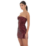 Lucy in the Sky Strapless Sequin Bow Dress in Burgundy