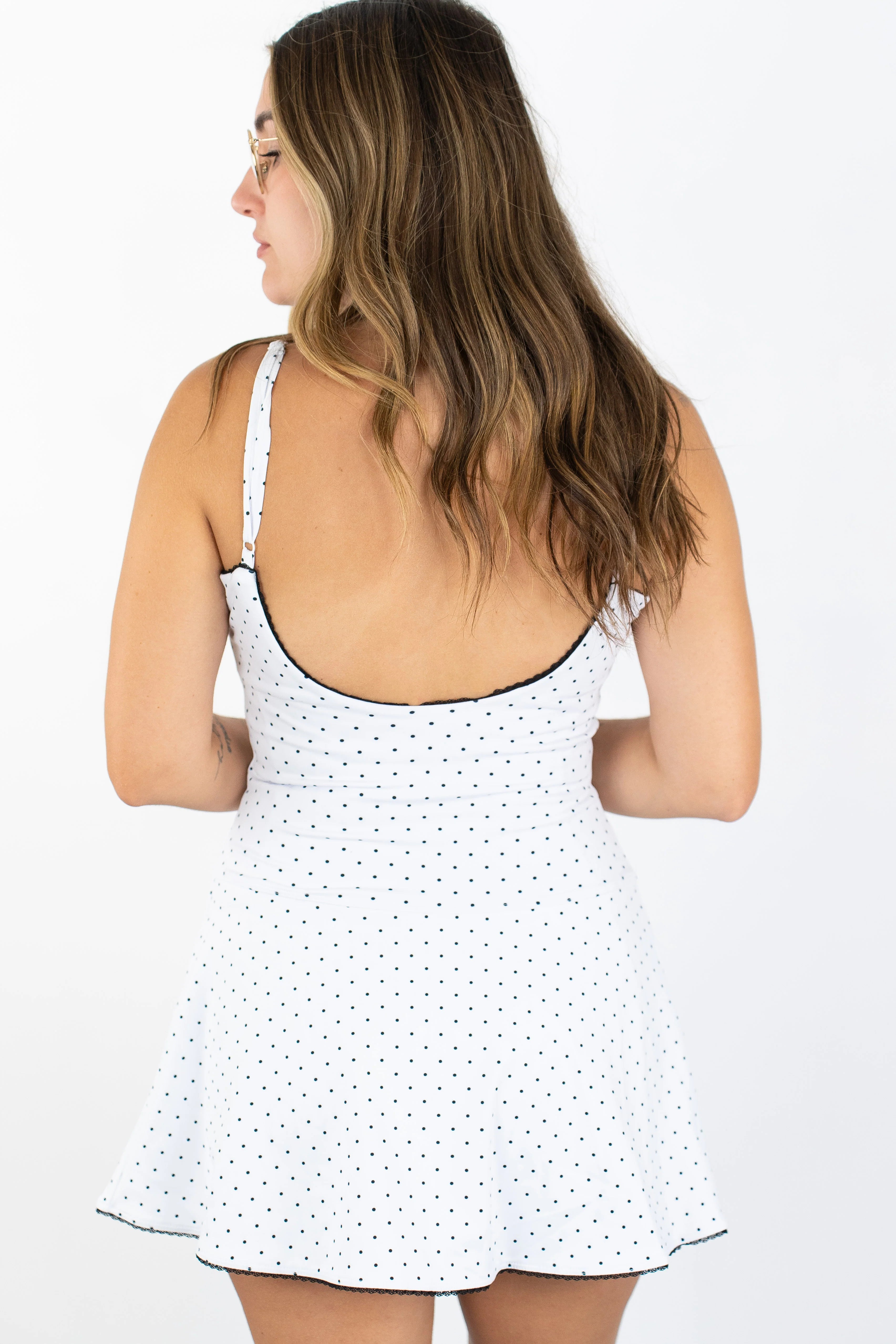 Polka Dot Print Lace Trim Ruffle Mini Dress