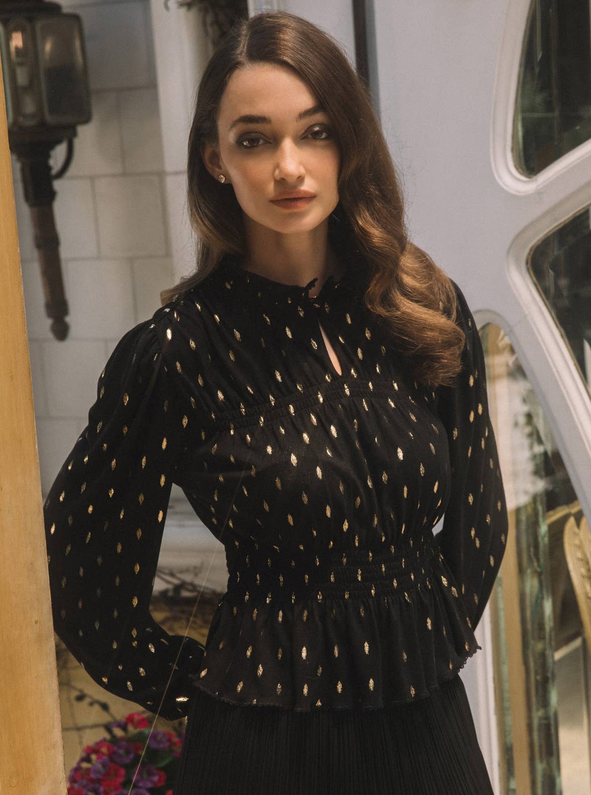 Maddy Metallic Foil Dot Peplum Top