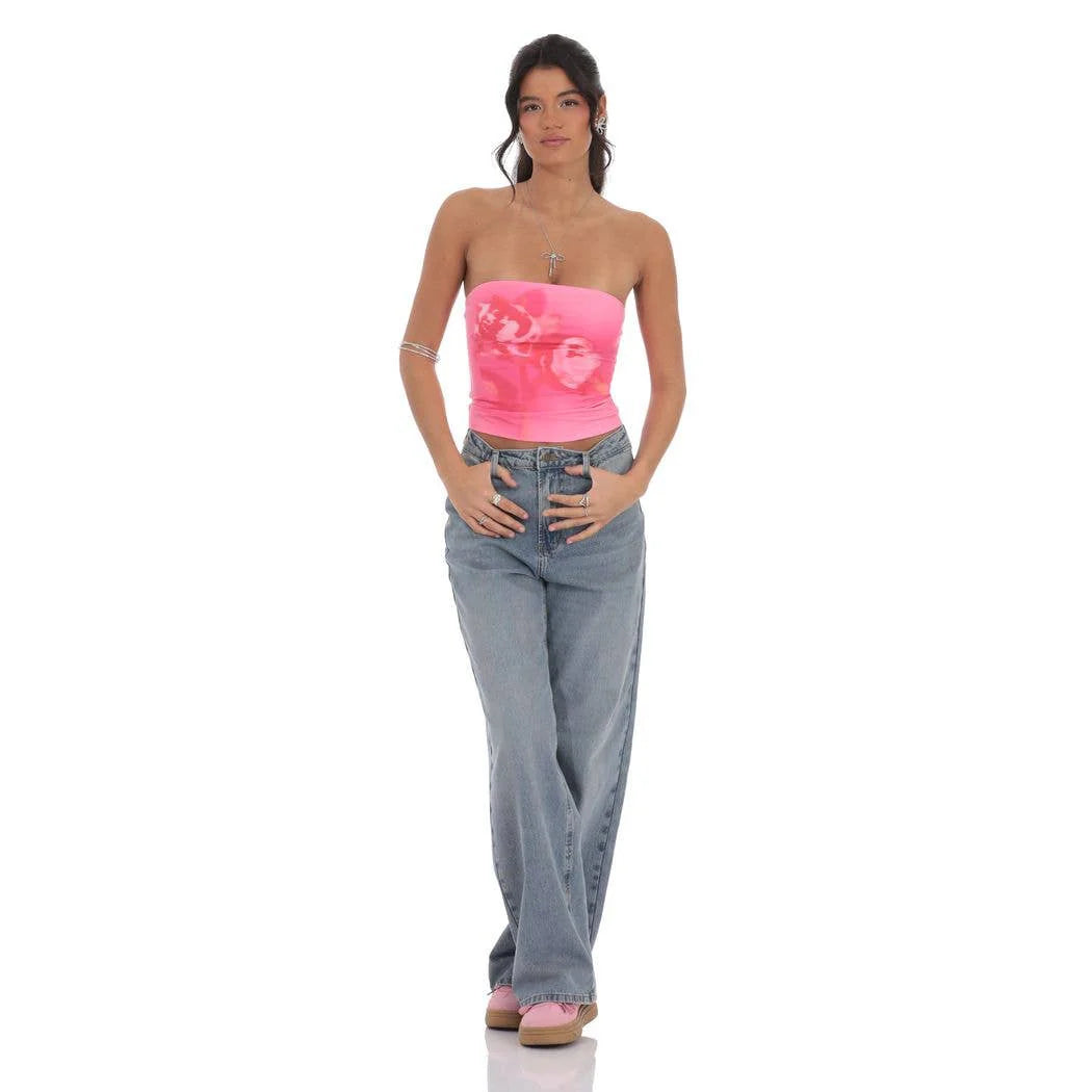 Lucy in The Sky Phae Floral Print Tube Top in Pink