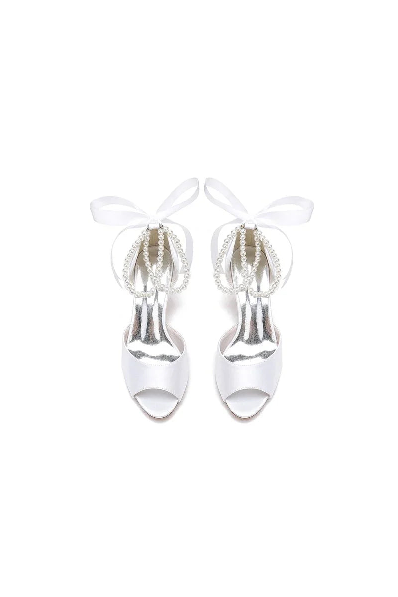 Chic White Satin Heels Featuring a Pearl Embellished Bow
