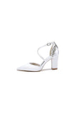 White Satin Pump with Cross Strap and Metal Accent