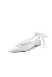 Satin Pointed Toe Mesh Low Heels With Bow
