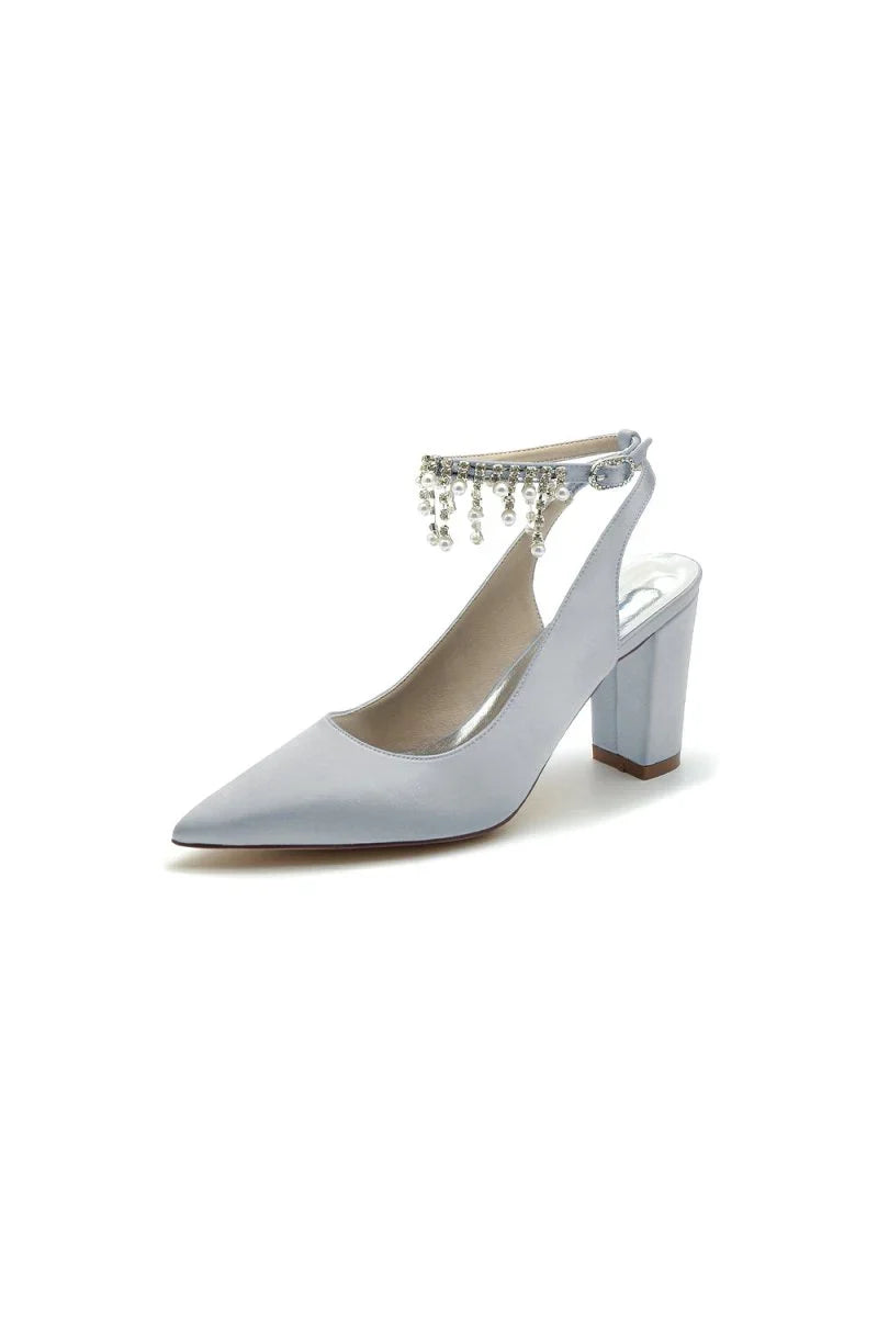 Pointed Toe Satin Chunky Heels With Pearl Tassel