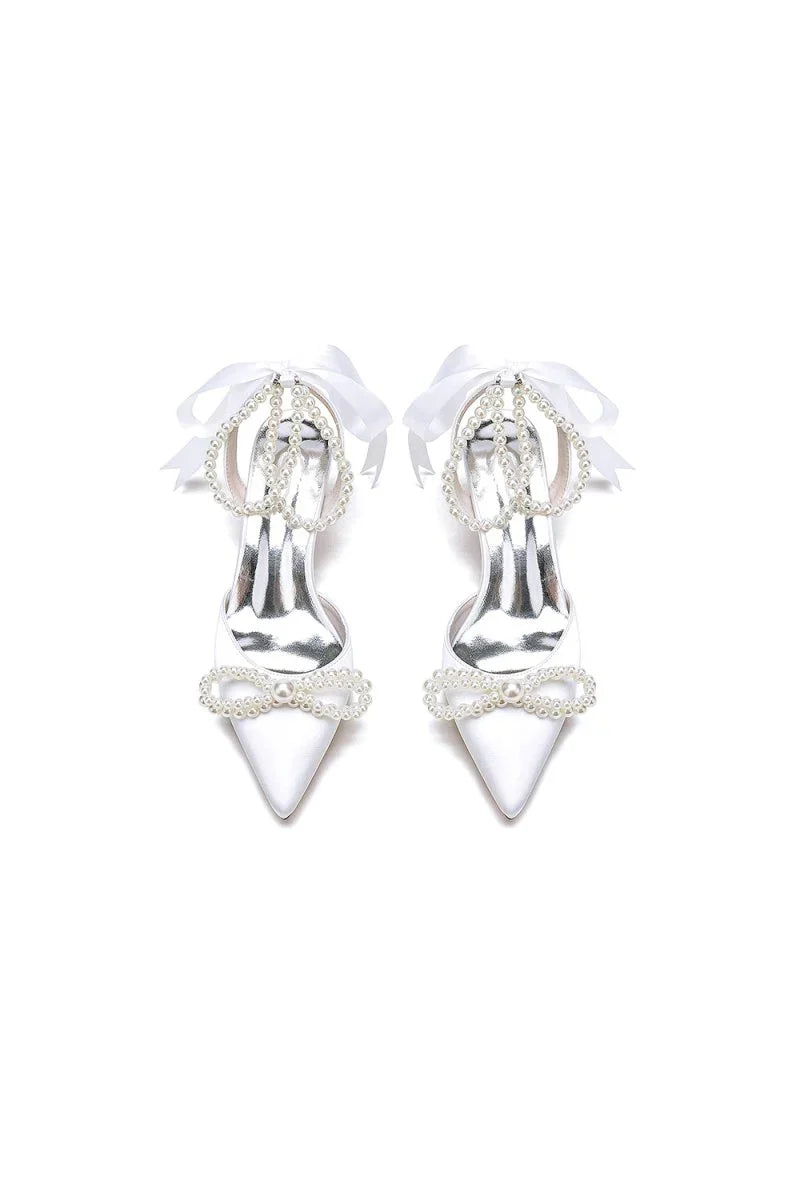 Pointed Toe Pearl Strap with Ribbon Tie