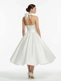 White A Line Halter Sleeveless Tea Length Satin Bridal Gowns With Bows Pleats