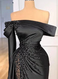 Sheath Off The Shoulder Long Sleeves Satin Sequined Prom Dresses