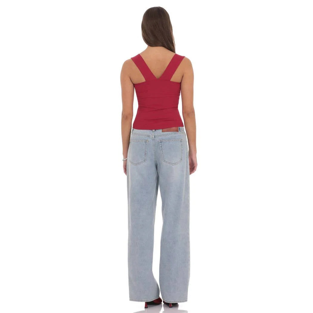 Lucy in the Sky Ribbed Square Neck Top in Red