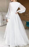 A Line V Neck Long Sleeves Elegant Casual Asymmetrical Chiffon Wedding Dress with Zipper Back