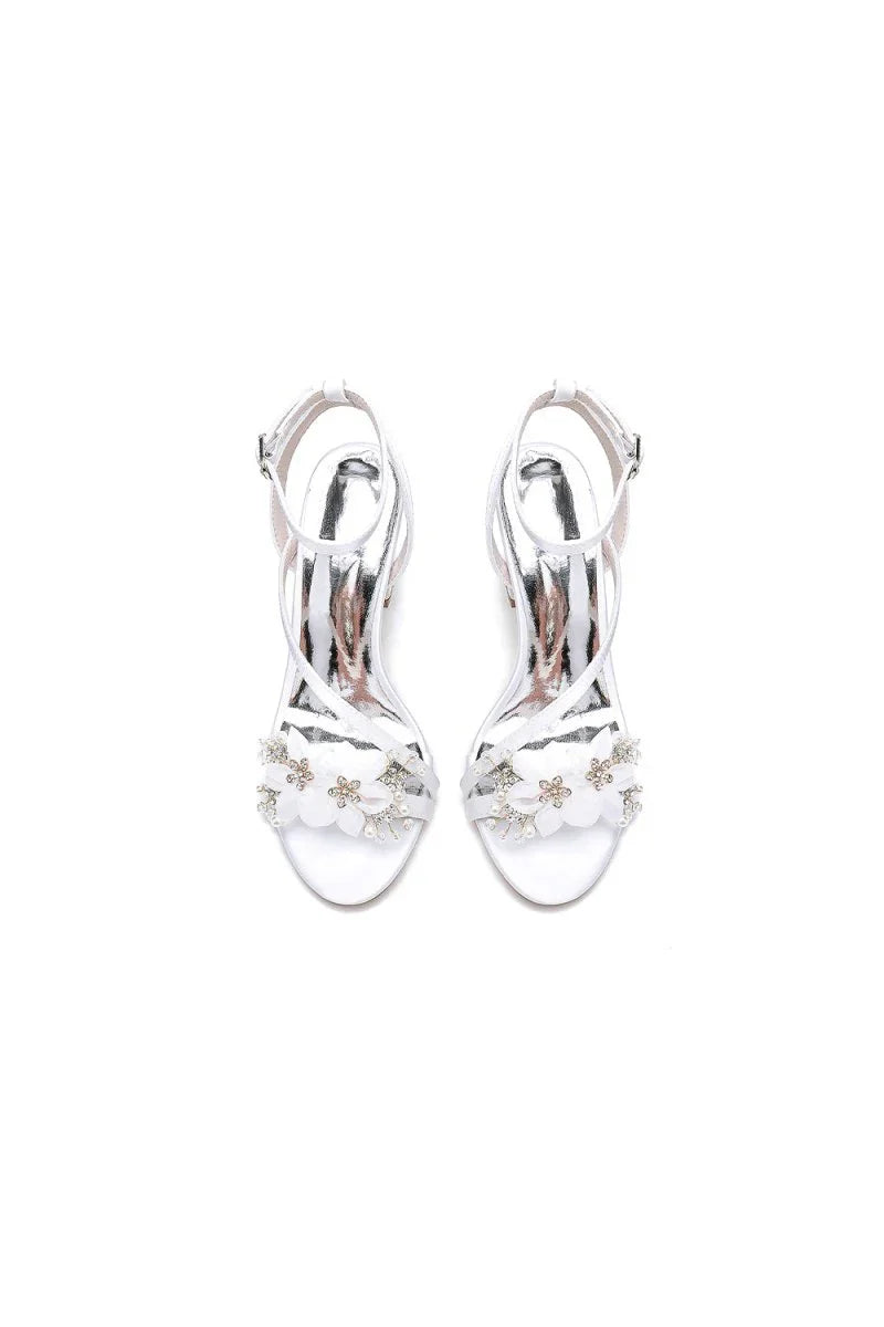 White Open Toe Ankle Strap Chunky Heels with Rhinestone Flower