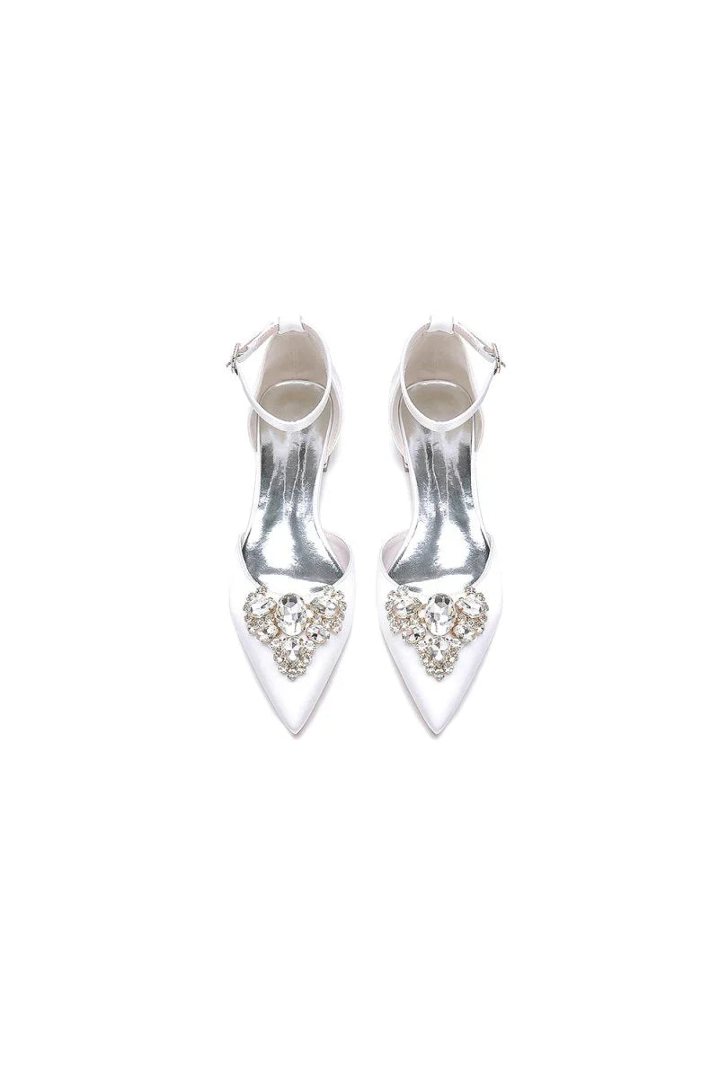 Satin Pointed Toe Ankle Strap Rhinestone Kitten Heels