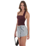Lucy in the Sky Halter Ruched Top in Burgundy