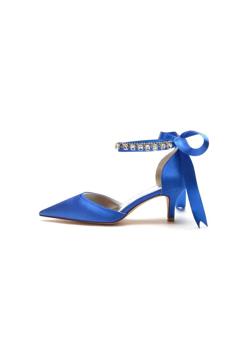 Pointed Toe Ribbons Kitten Heels With Diamond