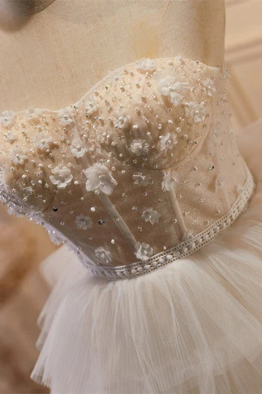 White Tulle 3D Floral Lace A Line Tiered Homecoming Dress