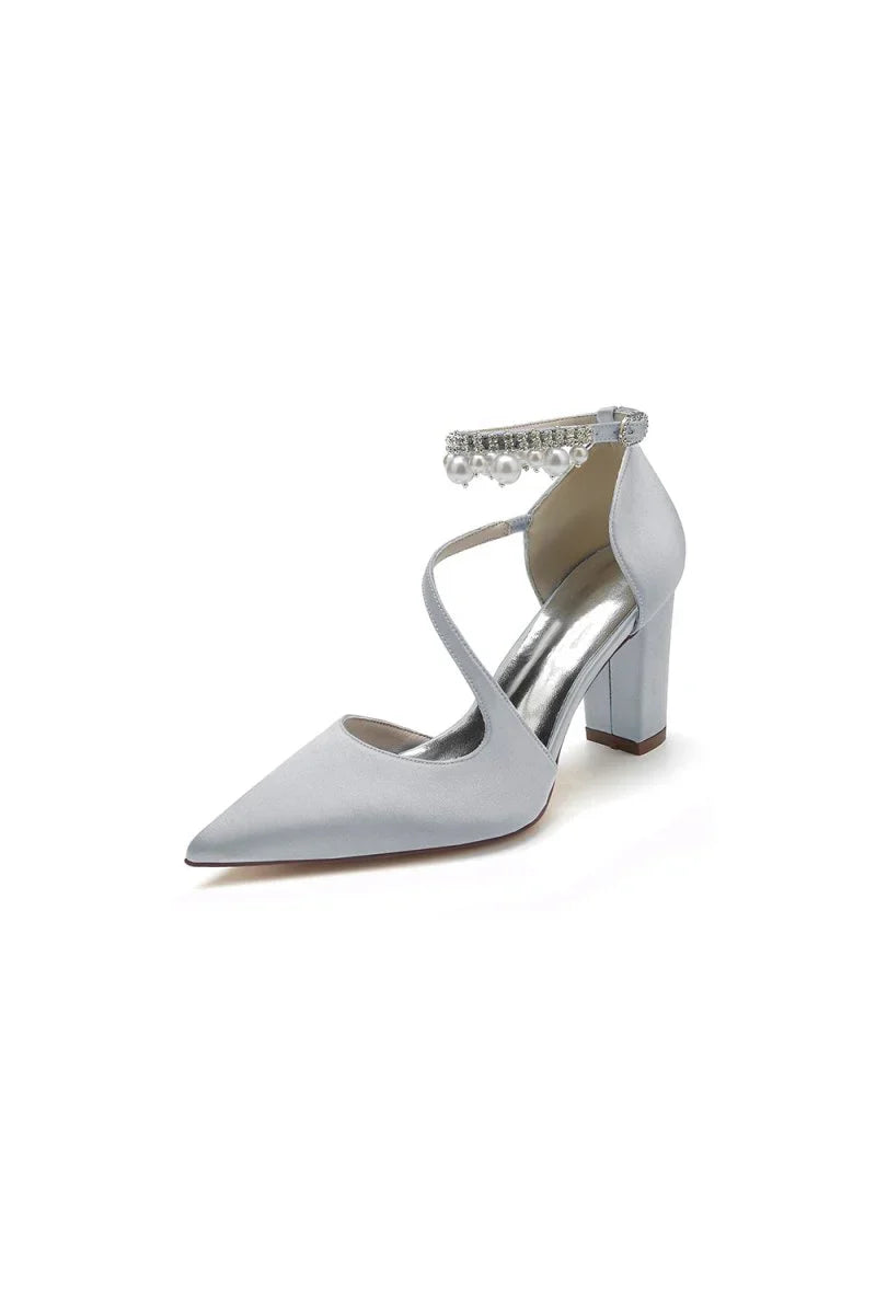 White Satin Heels with Cross Strap Design and Pearl Accented Buckle