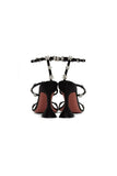 Black Ankle Straps Open Toe Chunky Heels with Flower Rhinestones