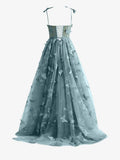 Dusty Blue A line Butterfly Lace Lilac Corset Prom Dress with Slit