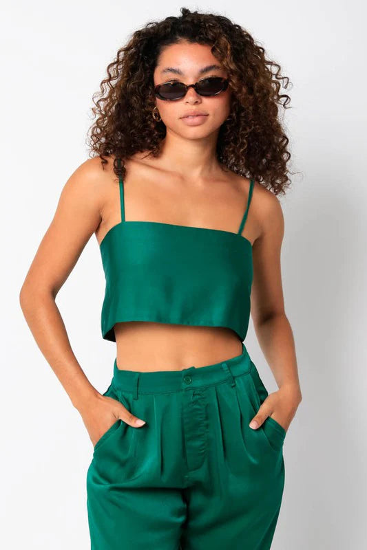 Hana Satin Crop Tank Top in Green