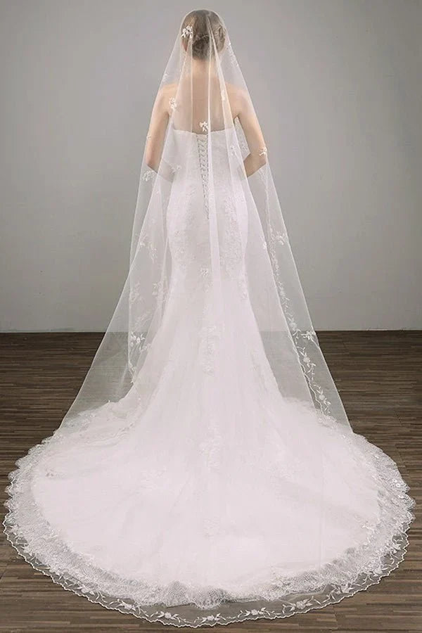 Two Tier Lace Appliques Edge Cathedral Veil Long Wedding Veil
