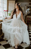 A Line Lace Bohemian V neck Wedding Dress With Low V Back And Appliques