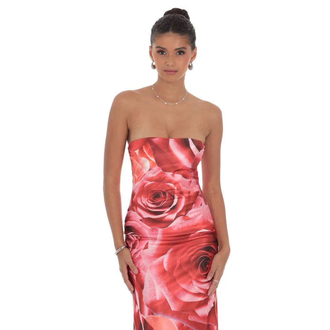 Lucy in the Sky Rose Strapless Maxi Dress in Red