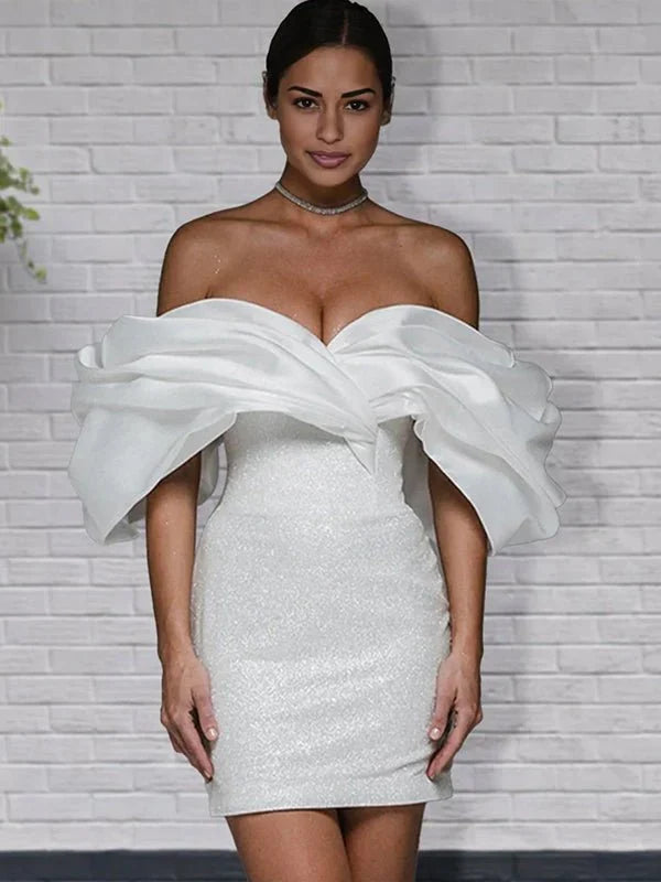 Sheath Glitter Short Off the Shoulder Wedding Dress With Lace Up Back