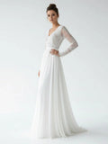 Romantic Modern A Line Floor length Chiffon Lace V neck Long Sleeve Wedding Dress