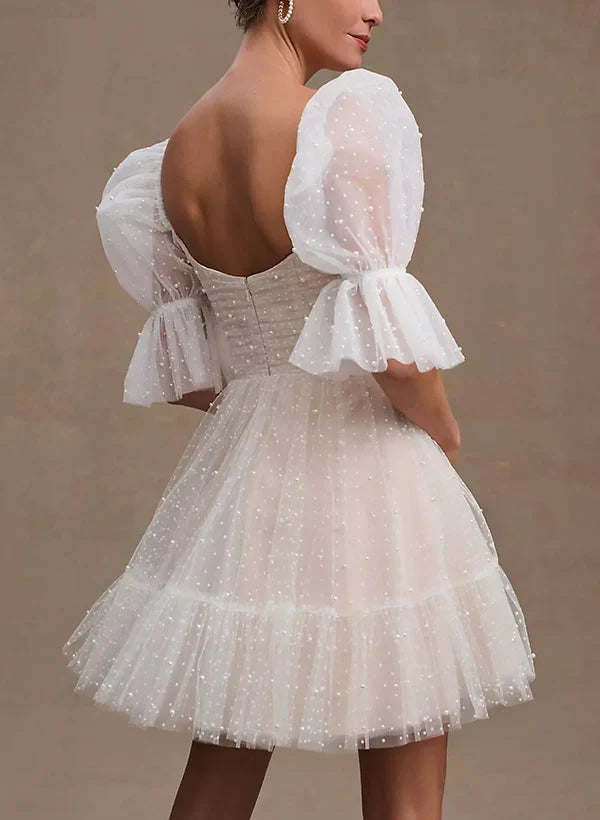 Pearl Short Reception Wedding Dresses With Bubble Sleeves