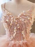 Unique Orange V Neck Tulle Sequin Orange Pink Long Quinceanera Dress