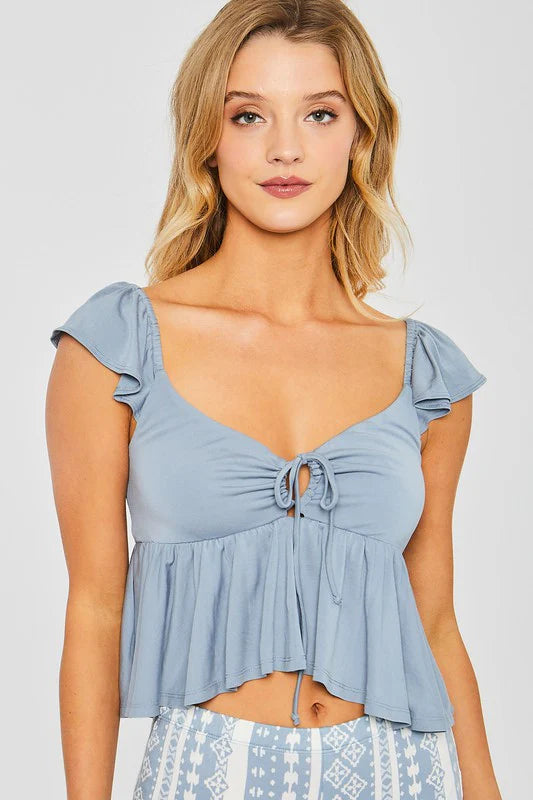 Barb Ruffle Shoulder Top in Blue