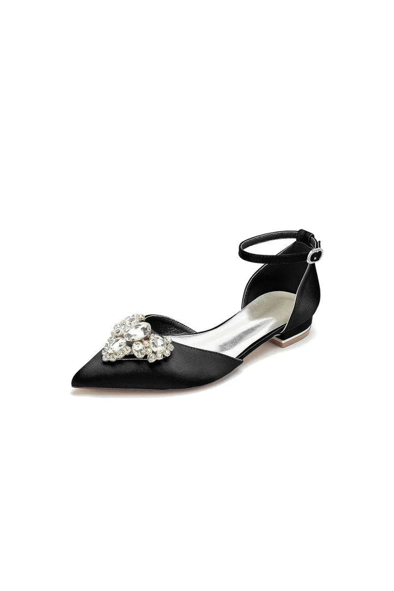 Satin Pointed Toe Ankle Strap Rhinestone Kitten Heels
