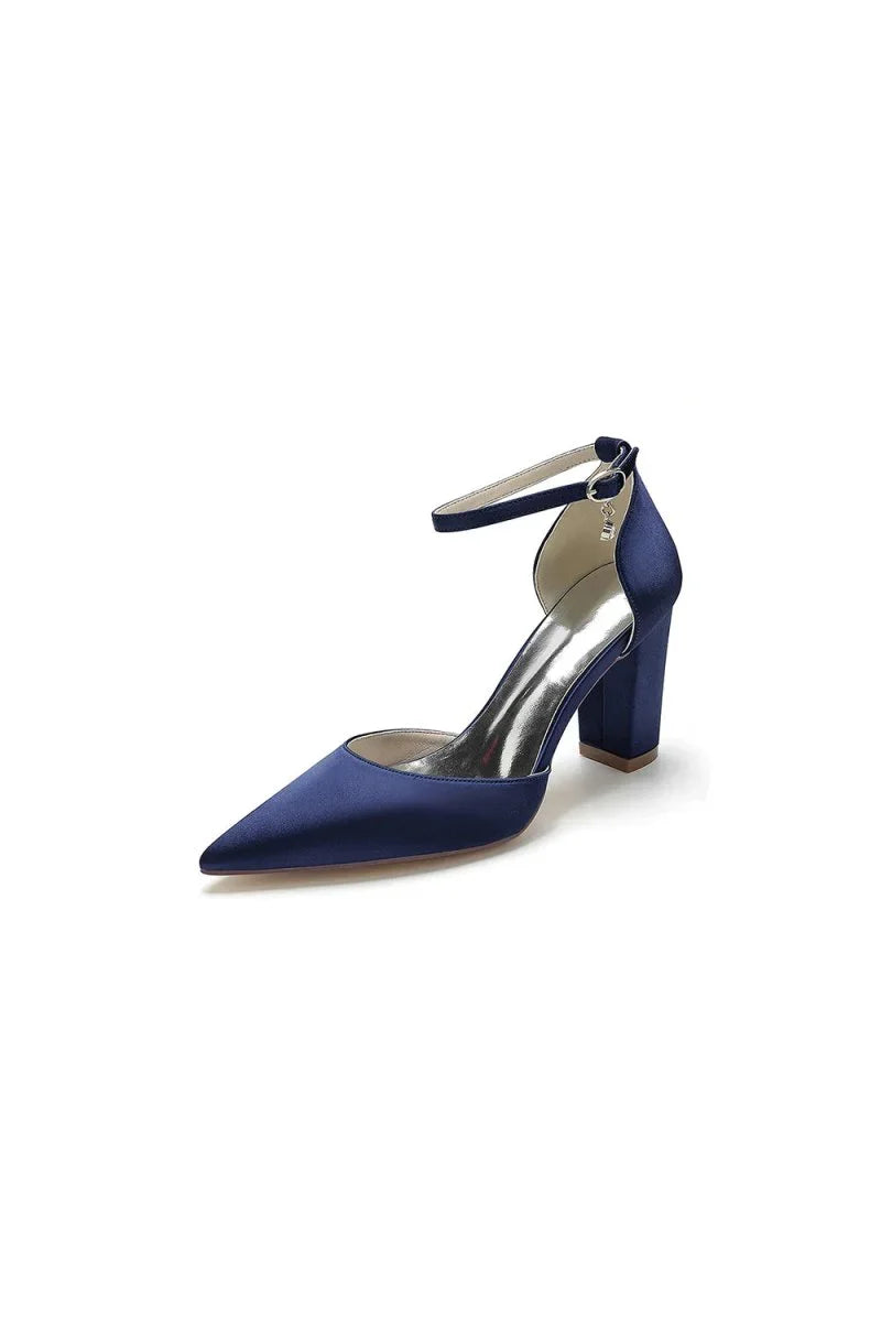 Simple Satin Pointed Toe Ankle Strap Chunky Heel