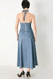 BLUE HALTER DENIM MIDI DRESS