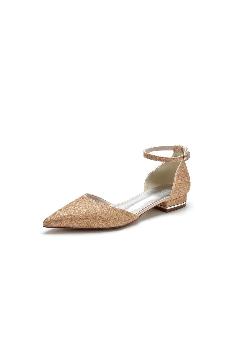 Stretch Glitter With Ankle Strap Pointed Toe Flat Heel Party Shoes