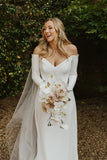 Simple A Line Off the Shoulder Long Sleeves White Satin Wedding Dresses