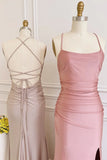 Dusty Pink Satin Lace Up Sheath Long Bridesmaid Dress with Slit
